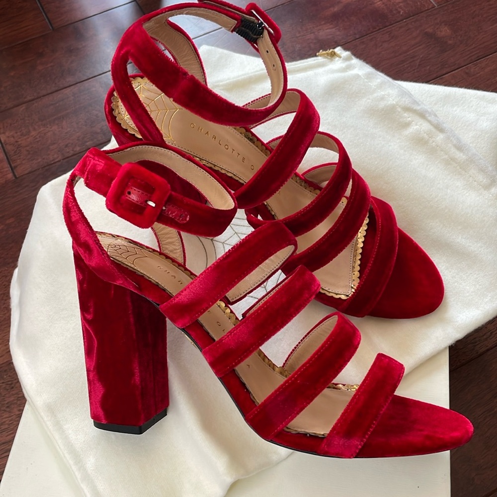 NIB Charlotte Olympia Italy Christie Red Strappy Velvet & Leather Heel 40